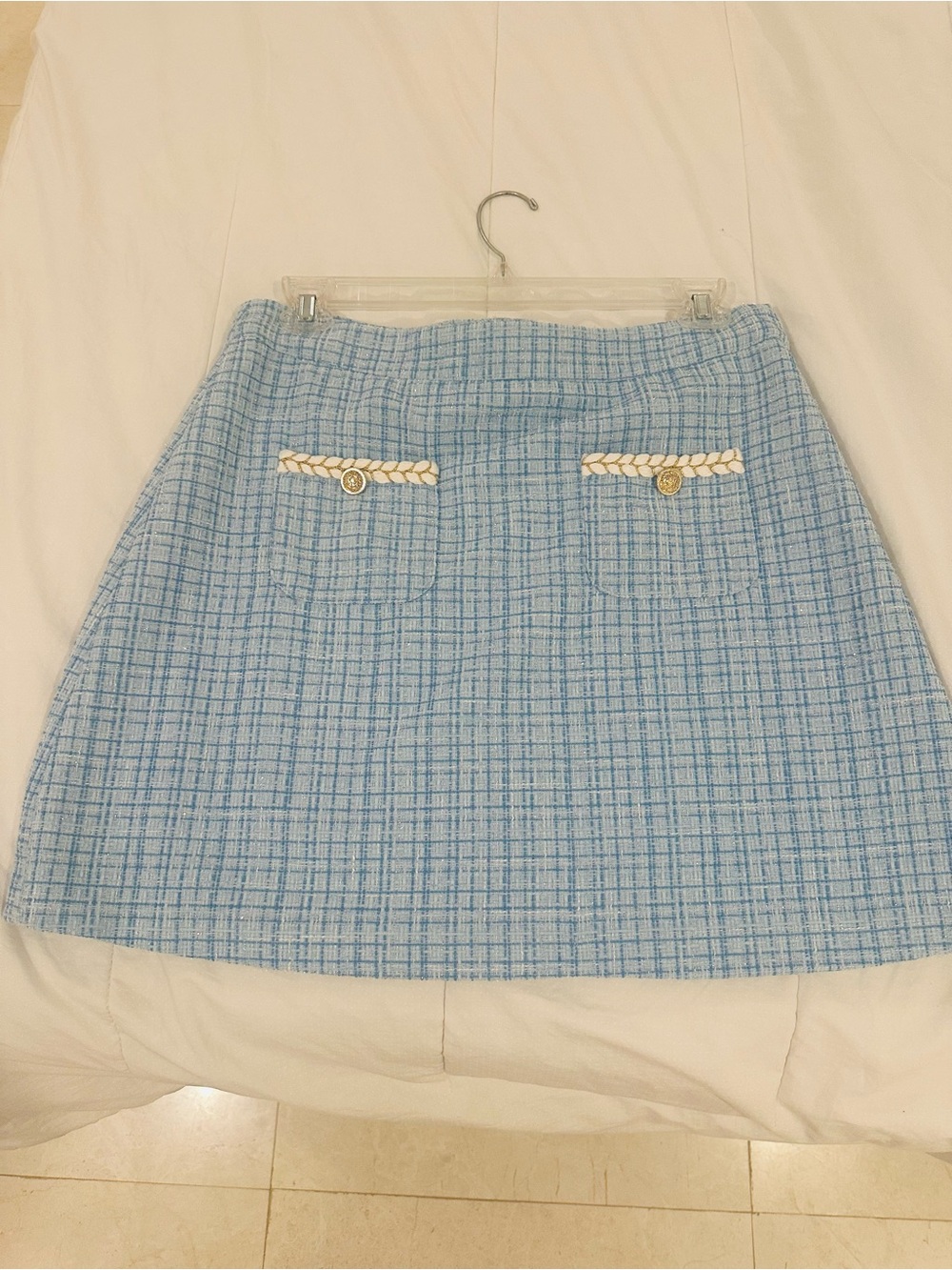 SugarLips Light Blue Tweed Skirt with Braided Trim Front Pockets Size XL